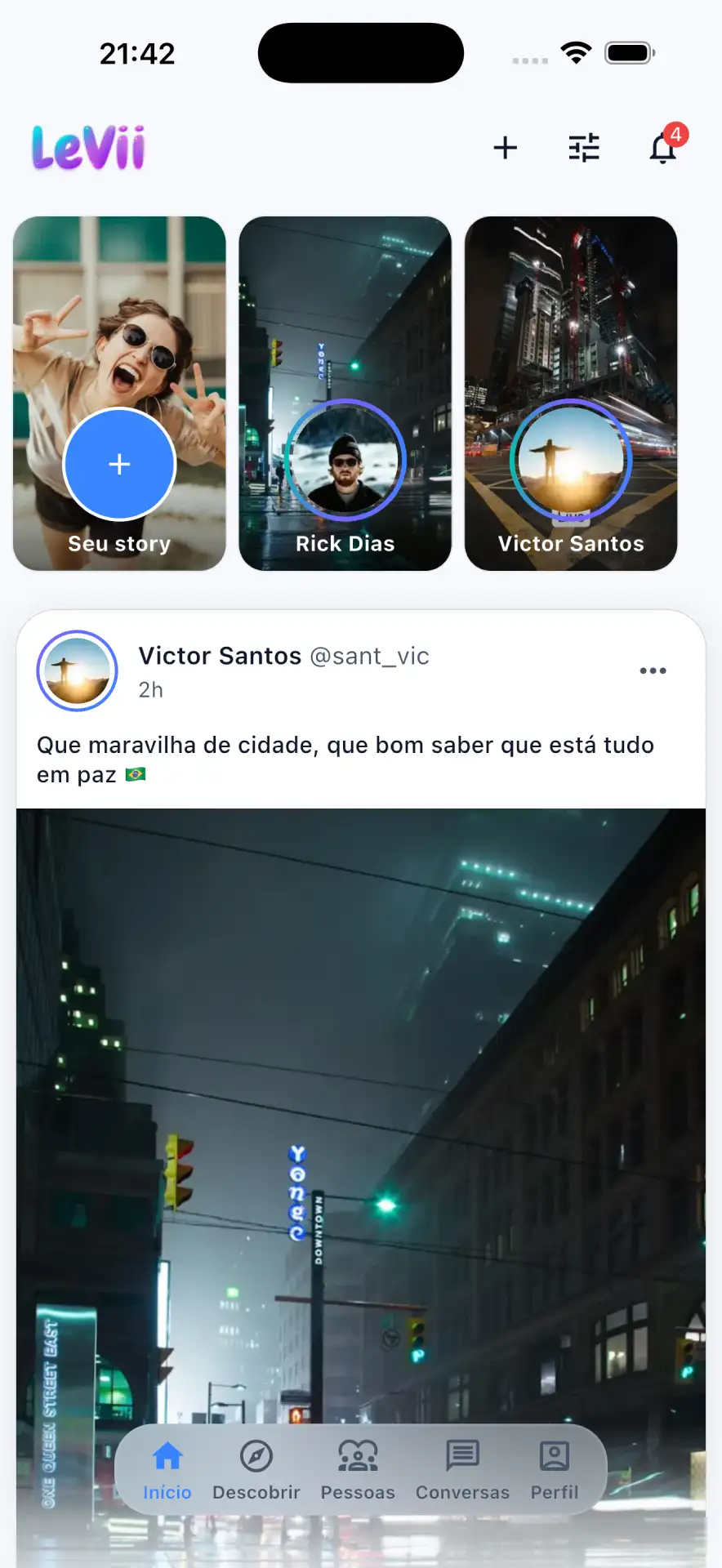 Tela do feed do Levii mostrando stories e publicações