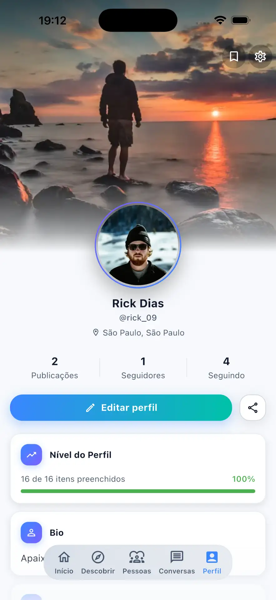 Perfil do Levii com nível de perfil e estatísticas